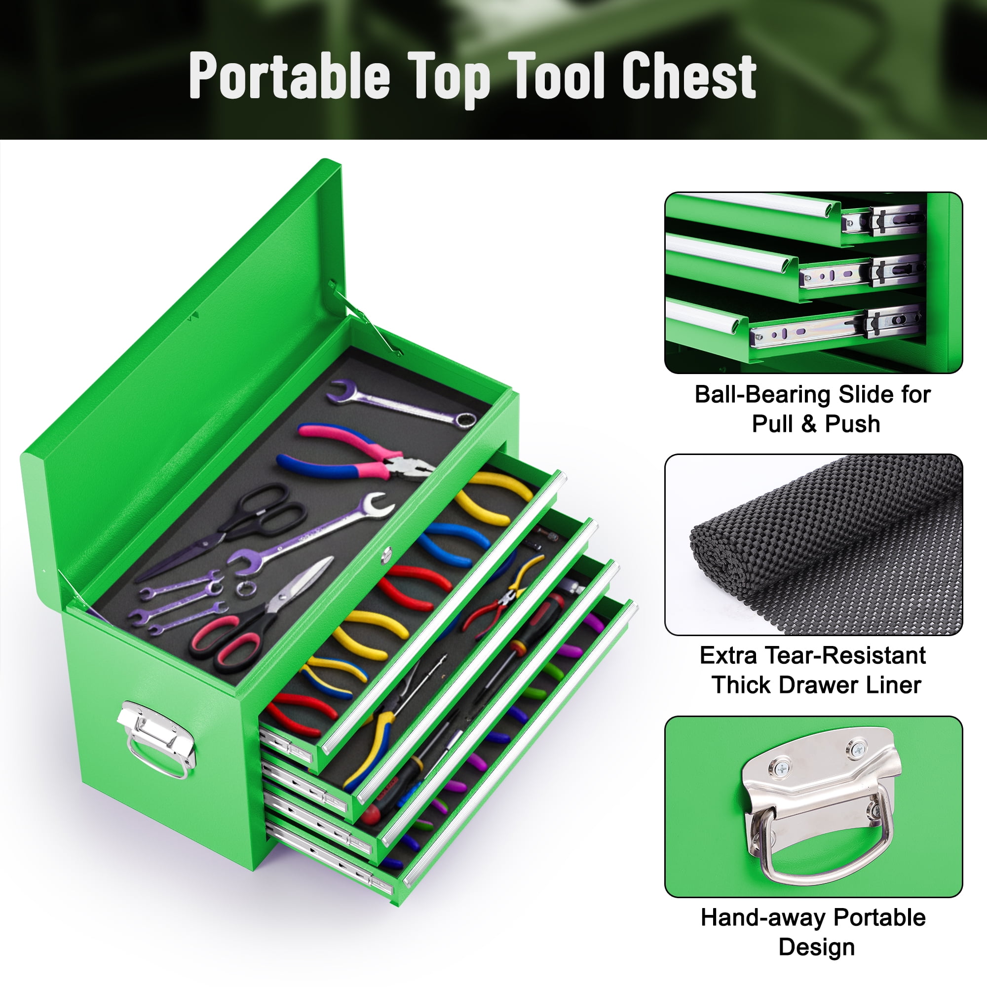 5-Drawer Tool Chest on Wheels, 2 In 1 Rolling Tool Storage Cabinet, Tool Organizer for Garage, Workshop, Warehouse & Repair Shop, Green