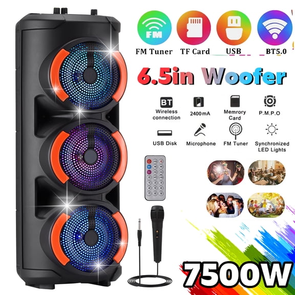 Lohoms High Power Bluetooth Party Speaker with Triple 6.5'' Subwoofers, 7500W Cylindrical Wireless PA System with LED Light, Mic Input & Phone Holder