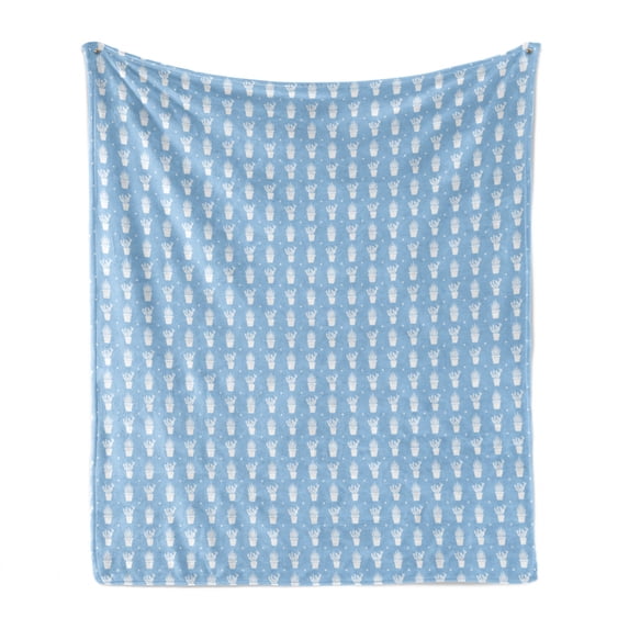 Cactus Print Soft Flannel Fleece Throw Blanket, Demonstration of Repeated Succulents in Pots in Pastel Tones, Cozy Plush for Indoor and Outdoor Use, 60" x 80", Pale Azure Blue White, by Ambesonne