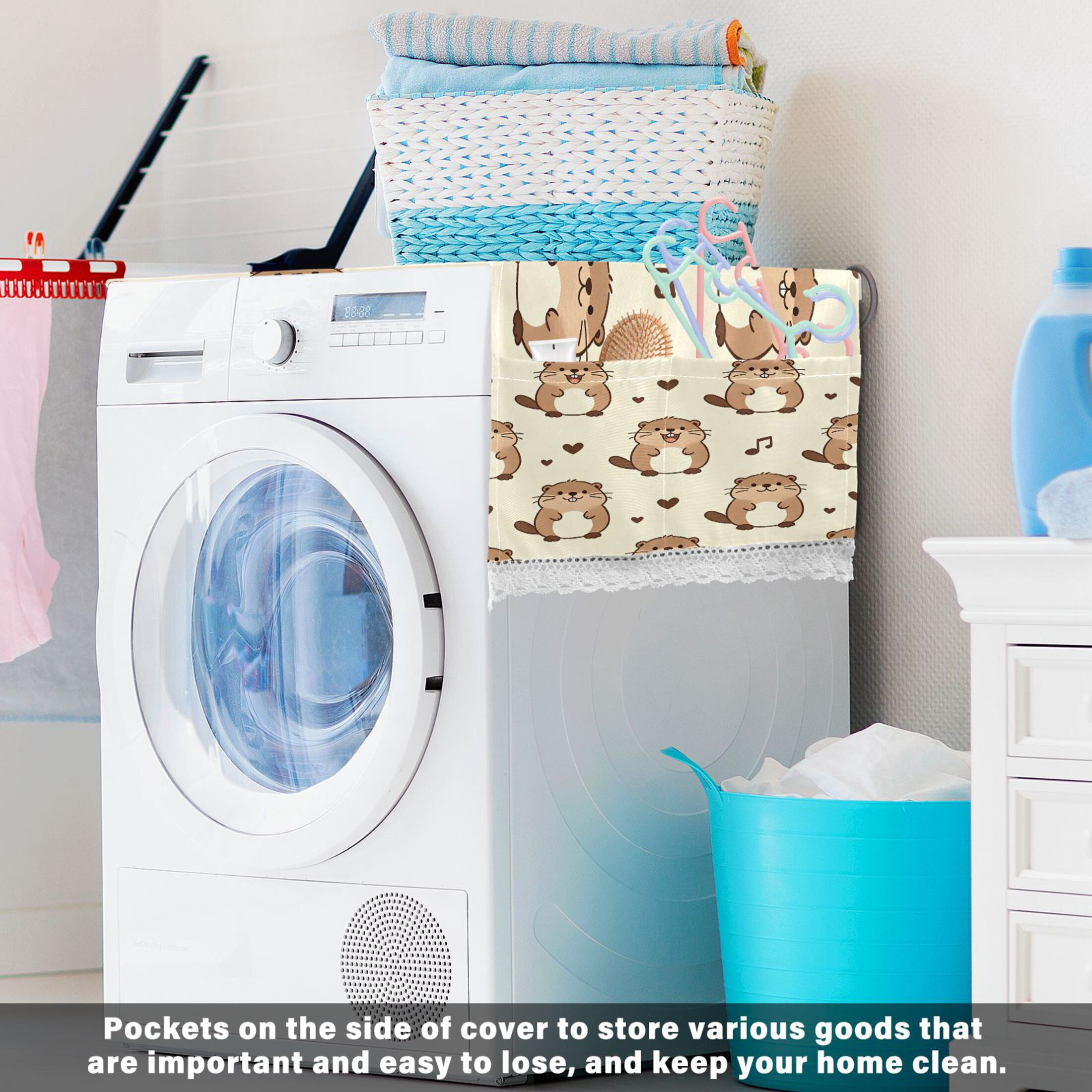 Wobogo Kawaii Beaver Washing Machine Cover Dustproof Washer Dryer Cover Waterproof Laundry Room Decorative Protector