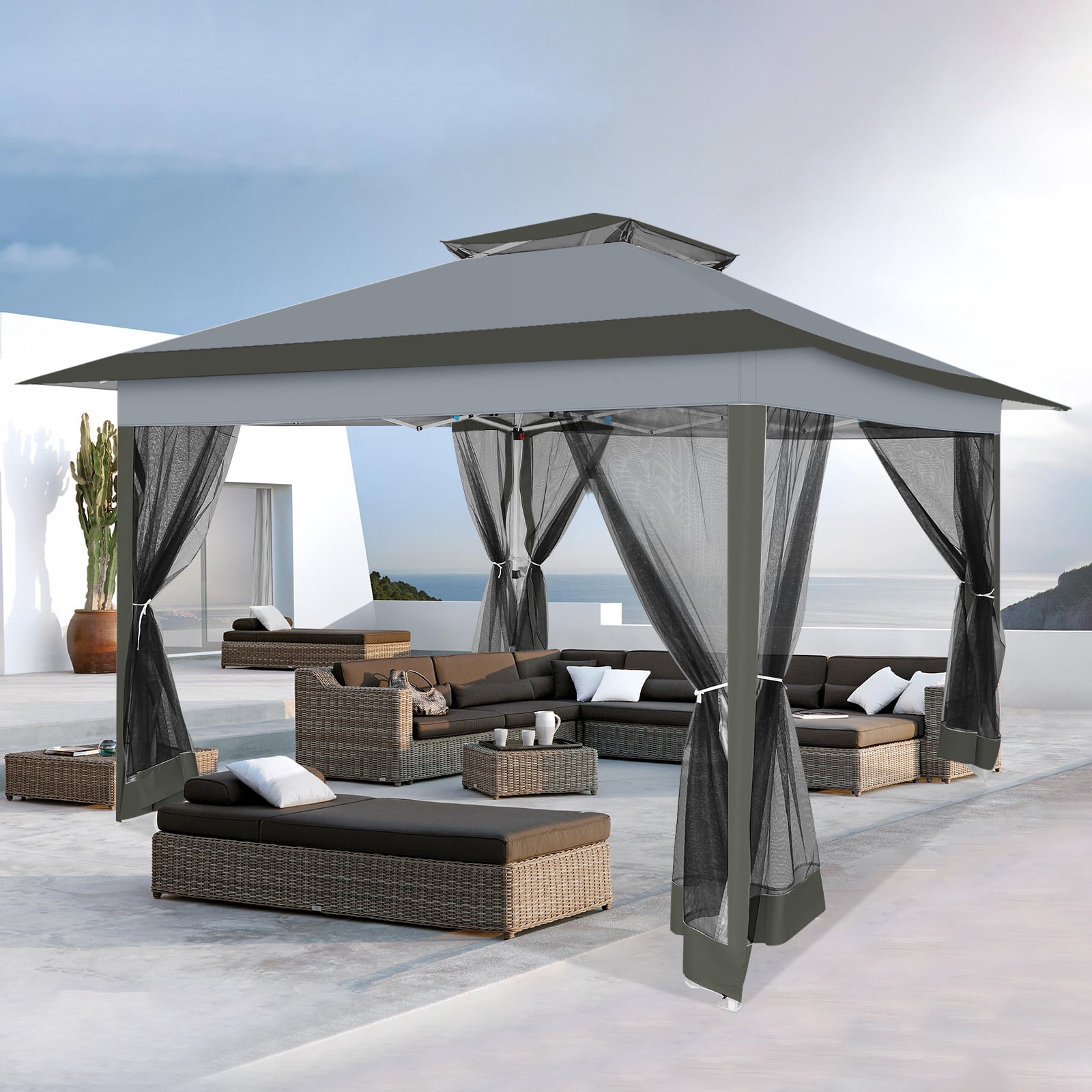HOTEEL 12x12 EZ Pop Up Gazebo Tent with Sidewalls,Patio Gazebo Instant Shelter for Outdoor Party Camping Backyard Beach with Carry Bag,Stakes,Ropes,Gray
