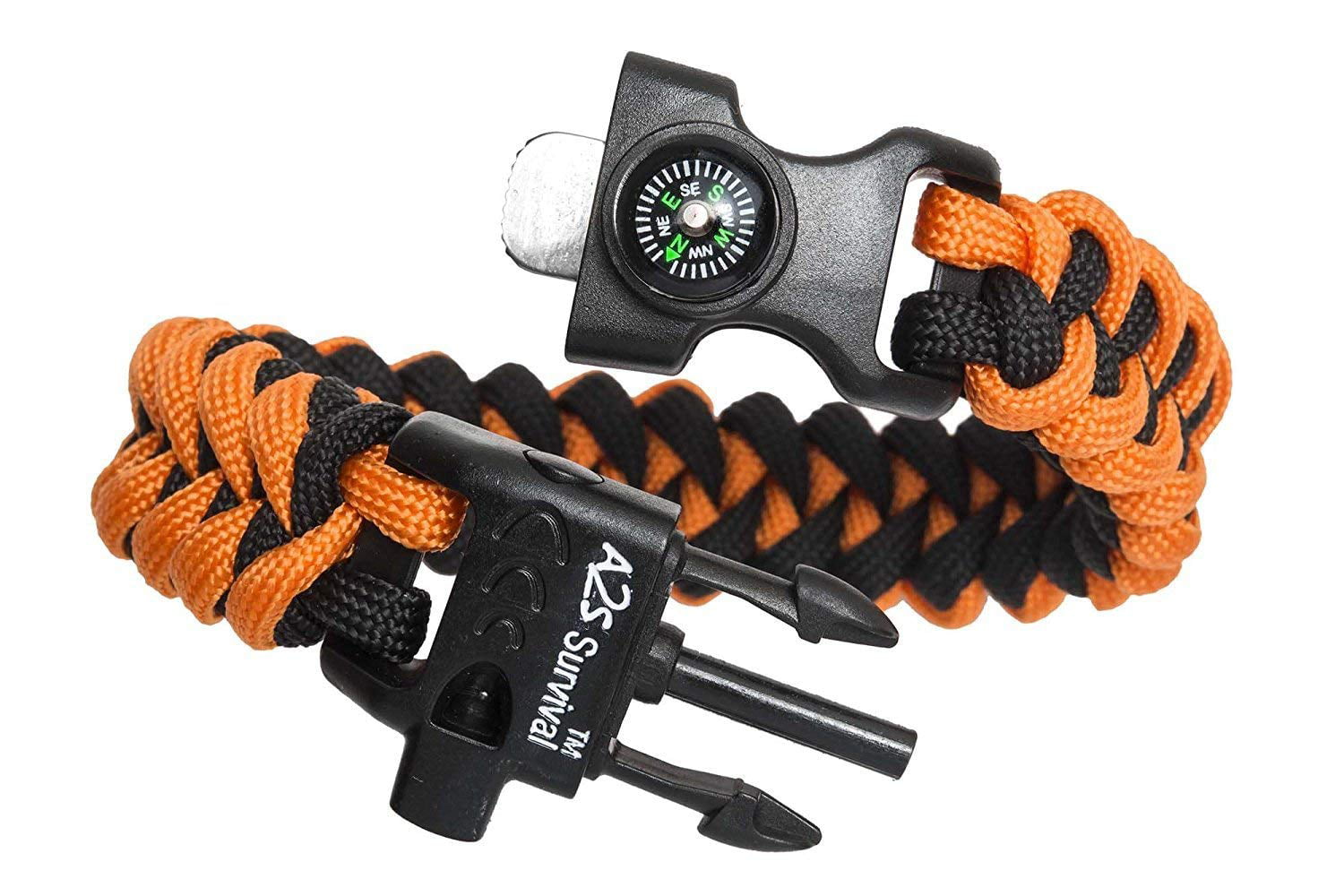 A2S Paracord Bracelet K2-Peak - Survival Gear Kit with Compass, Starter, Knife & Whistle (Black/Orange 9") - Walmart.com