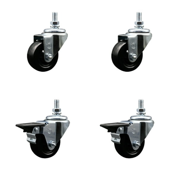 3 Inch Hard Rubber ½ Inch Threaded Stem Caster Set 2 Brakes SCC