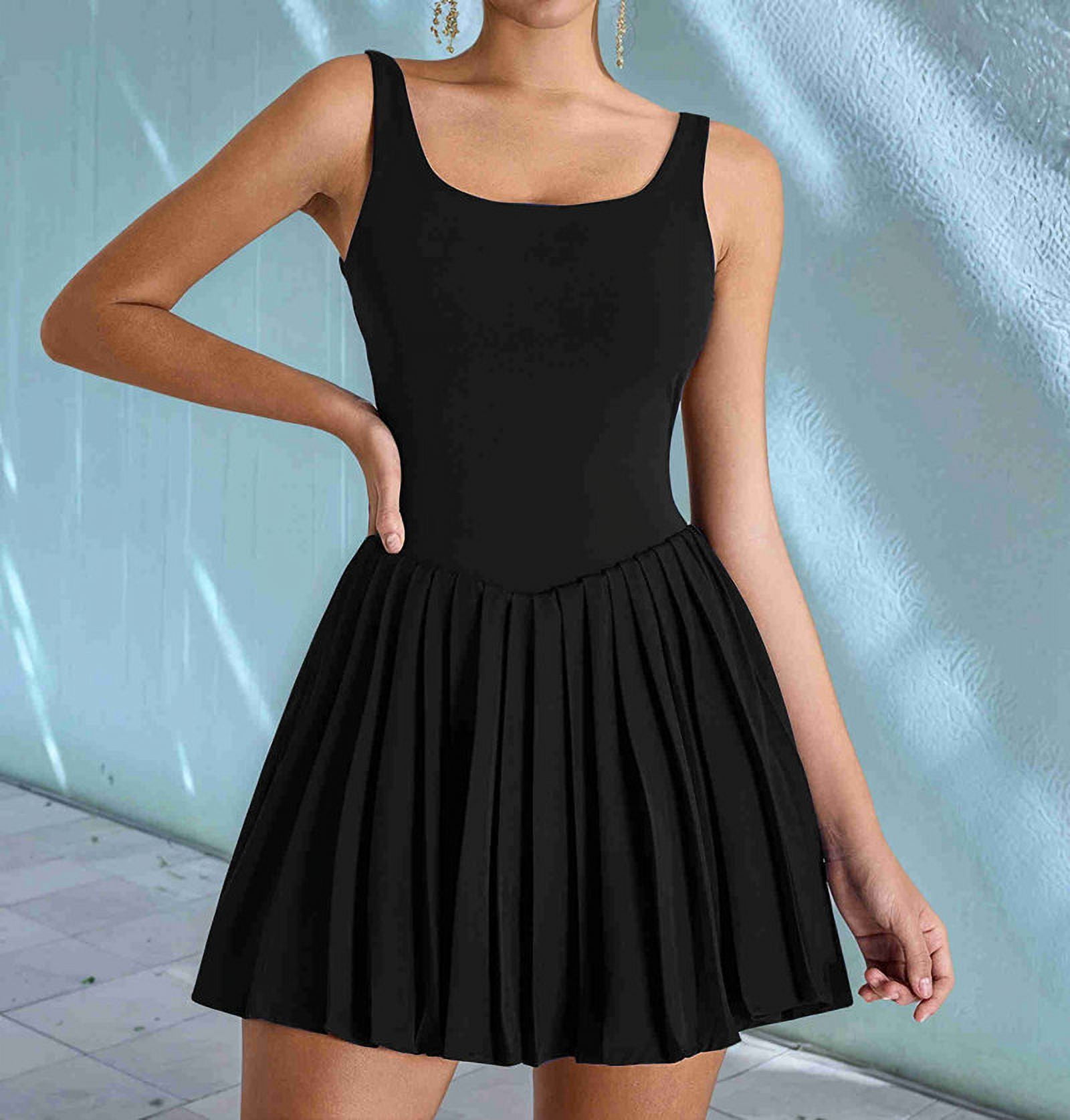 Womens Square Neck Tennis Dress Pleated Sleeveless Built in Shorts Golf Athletic Dress with Pockets Black XL