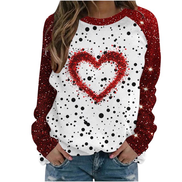 Penkiiy Hauts de Mode à Manches Longues pour Femmes, Col Rond Mignon, Blouse Tendance, Saint-Valentin 2025, Grande Taille, Imprimé Cœur d'Amour, TG Rouge