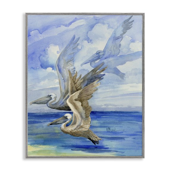 Stupell Industries Transitional Pelicans Trio Over Ocean Shore Gray Framed Giclee Art, 11 x 14, by Paul Brent