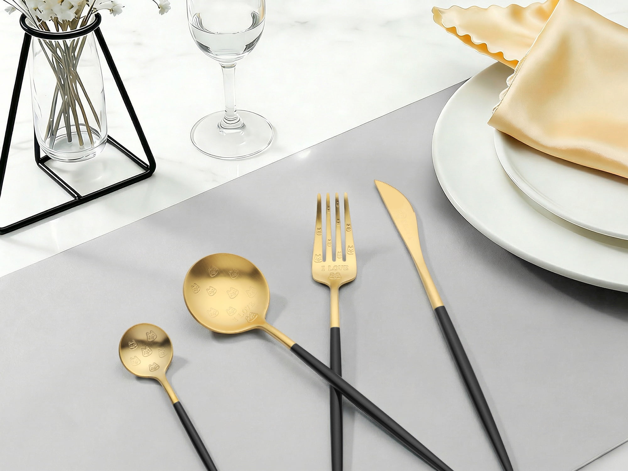 Unique Bargains 4 Piece Stainless Steel Floral Flatware Modern Cutlery Set Black 4
