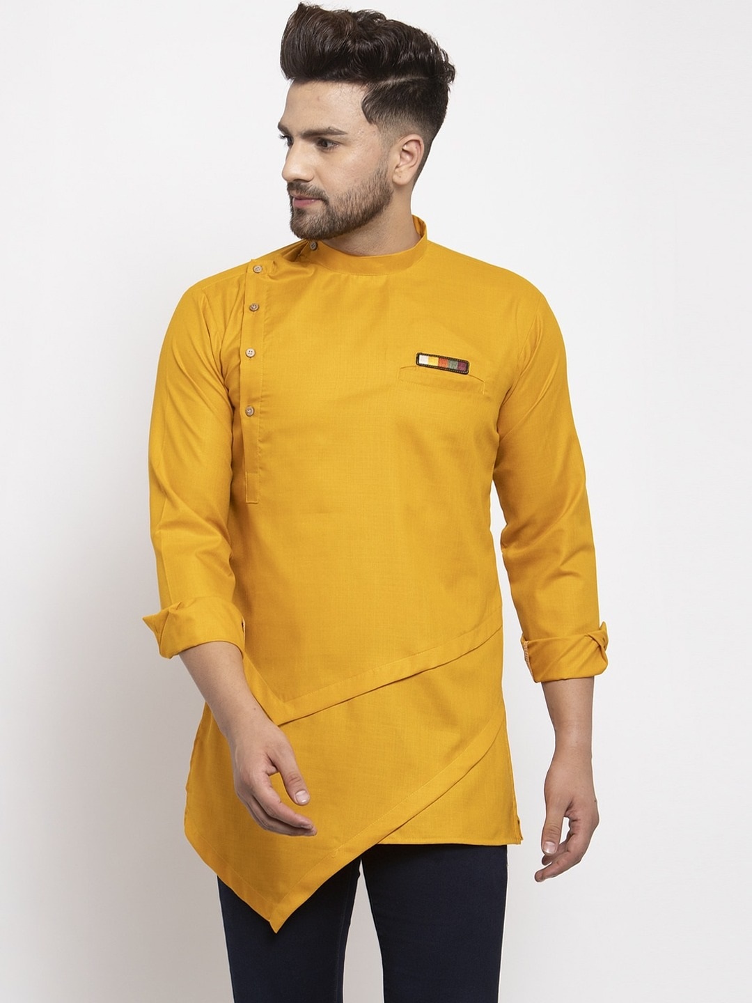 eloria Men's Trending Indian Traditional Solid Mustard Yellow Asymmetric Kurta