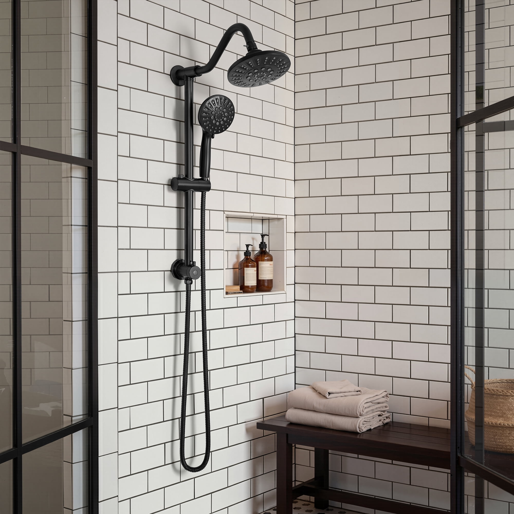 Akicon High Pressure Rain Shower Head with Handheld Spray Combo, Dual Shower Head with 6 Spray Modes, Rainfall Showerhead System with Adjustable Height Slide Bar for Bathroom, 3-Way Diverter