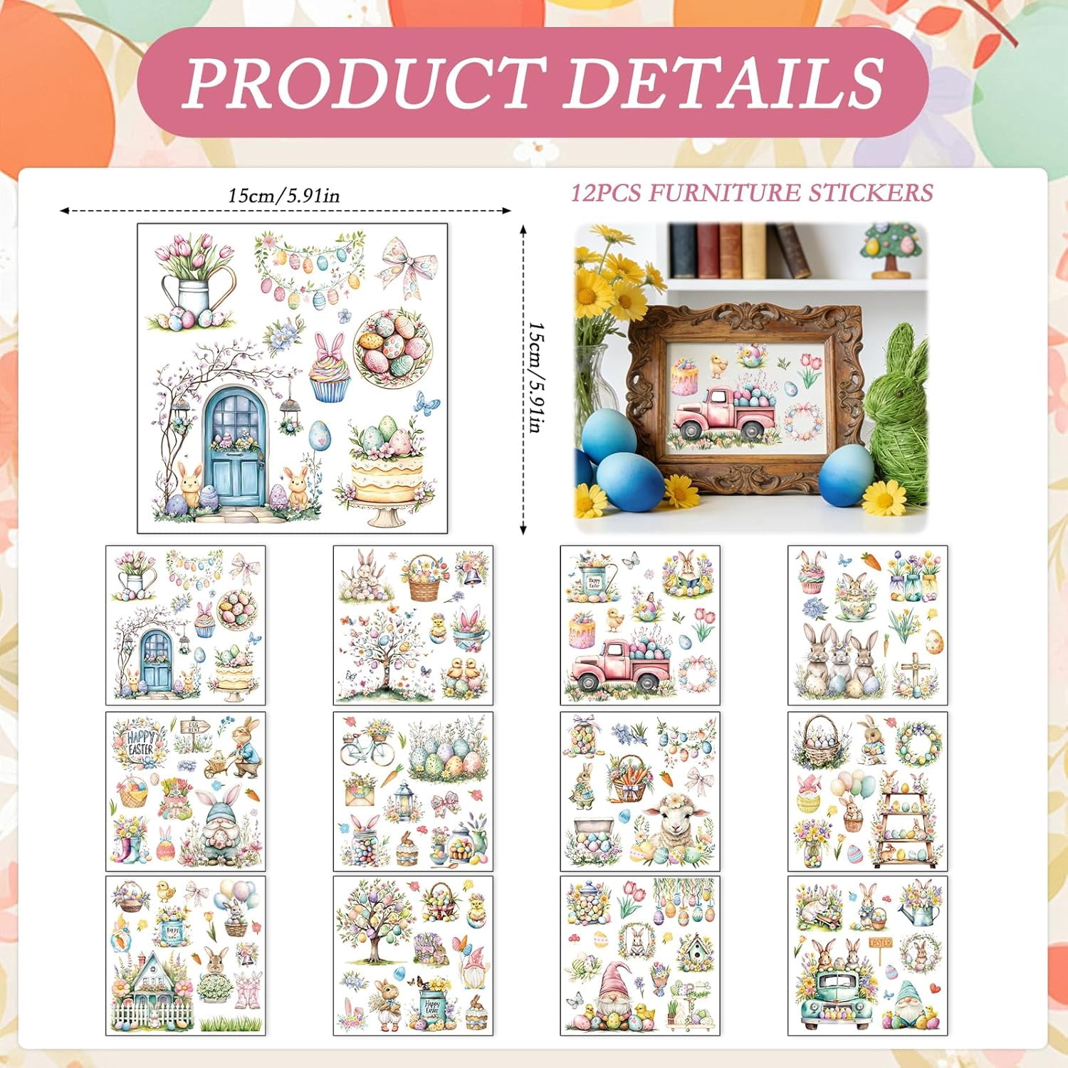 Easter Rub on Transfers for Crafts - 12 Pcs Easter Bunny Rub on Transfers for Furniture Vintage Flower Rabbit Transfer Decals for Wood DIY Glass Home Decor 5.9x5.9 Inch