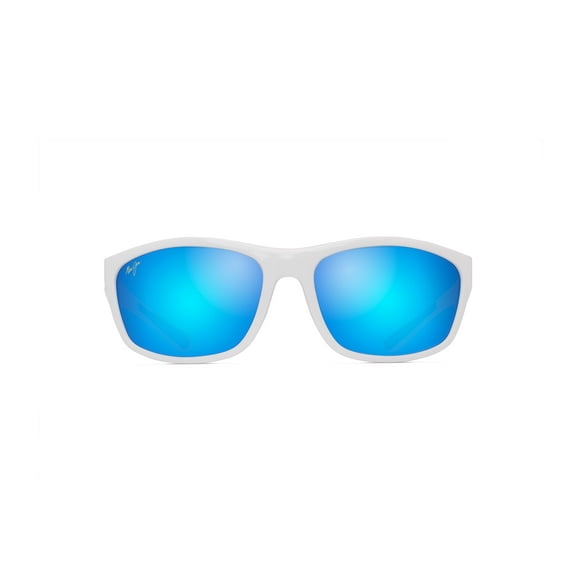Maui Jim Lunettes de Soleil Polarisées Wrap pour Hommes et Femmes Nuu Landing, Blanc avec Caoutchouc Marine/bleu Hawaii, Moyen