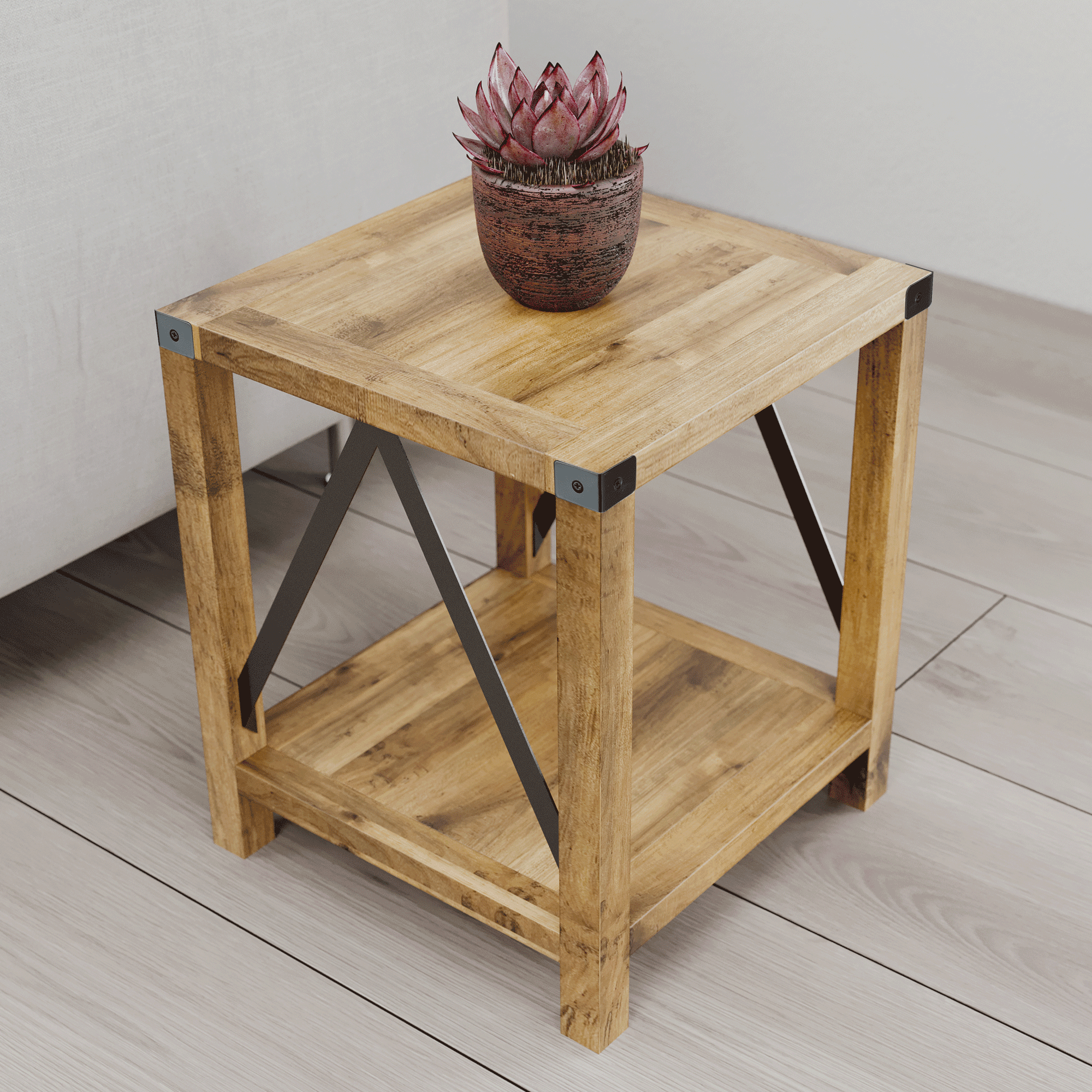 Landia Home Square Industrial Side Table, Natural Brown