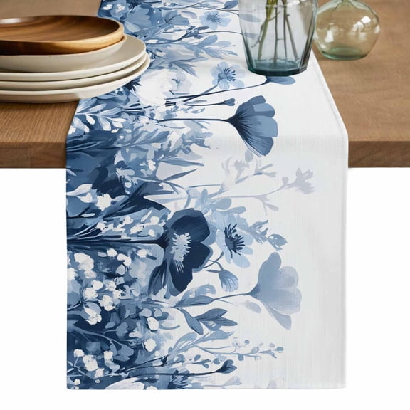 Navy Blue Flowers Table Runner, Summer Pastoral Botanical Washable Cotton Linen Table Runners 72 Inches Long, Dresser Scarf Runner for Dining/Coffee/Kitchen/TV Stands/Cabinets 13''x72''