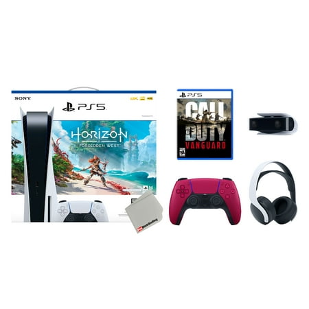 Sony Playstation 5 Disc Horizon Forbidden West Bundle with Extra Cosmic Red Controller, White PULSE 3D Headset, Calll of Duty: Vanguard and Camera