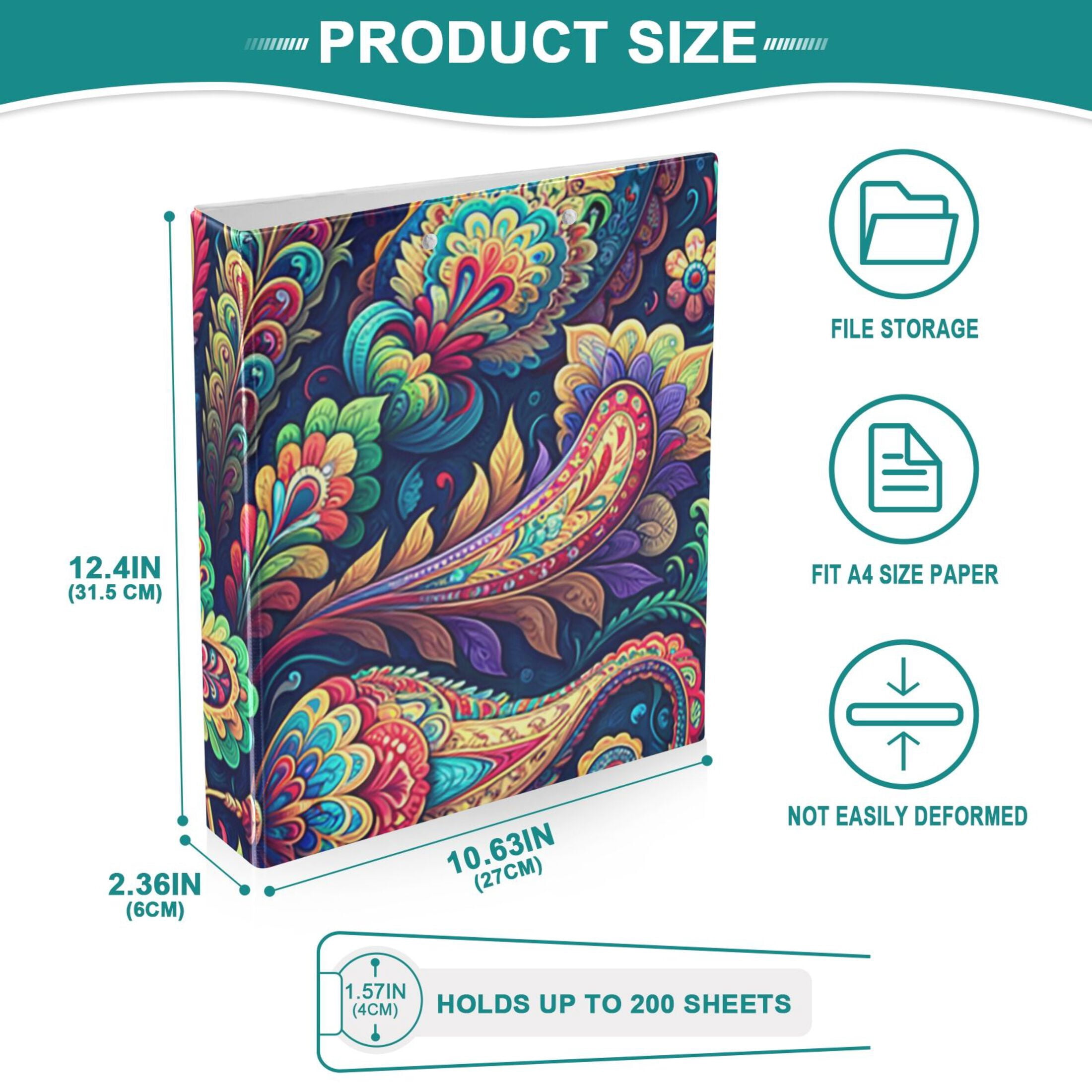 Paisley Flowers Leaves 3 Ring Binders 1.5 inch Hardcover File Folders with Interior Pockets A4 Size Organizer for School Office Hospital Set of 2