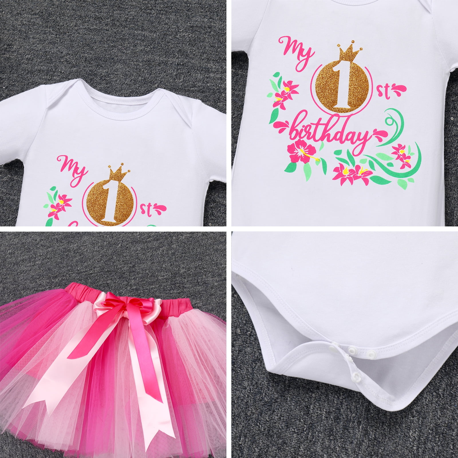 IBTOM CASTLE Infant Baby Girl One Year Old Birthday Outfit Floral Lace Party Cake Smash Romper + Tutu Skirt + Crown Clothes Set for Photo Shoot 1 Year Hot Pink - Crown 1st Birthday