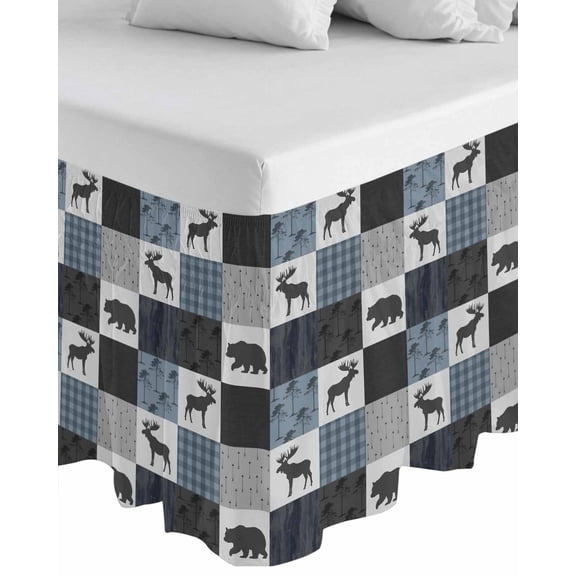 Blue Cabin Check Wrap Around Bed Skirts for King Bed 18" Drop,Bed Skirt with Adjustable Elastic Belt Dust Ruffle Bed Valance for Bedroom Hotel Rustic Bear Elk Farmhouse Buffalo Plaid Bed Frame Cover