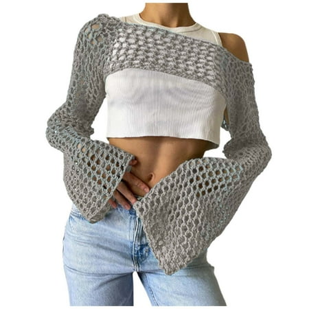Mzoazpie Sexy Hollow Out Knitted Silicone Cover Ups Sweater Solid Color Round Bathing Suit Cover Ups for Women Cute Neck Long Sleeve Pullover Swim Pants Cover Up for Women for Women 2025