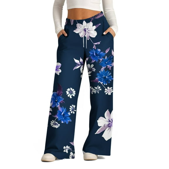 COSFO High Elastic Waisted Fall Pants for Women 2024 Floral Casual Palazzo Blue Wide Leg Pants Loose Adjustable Width Drawstring Pants