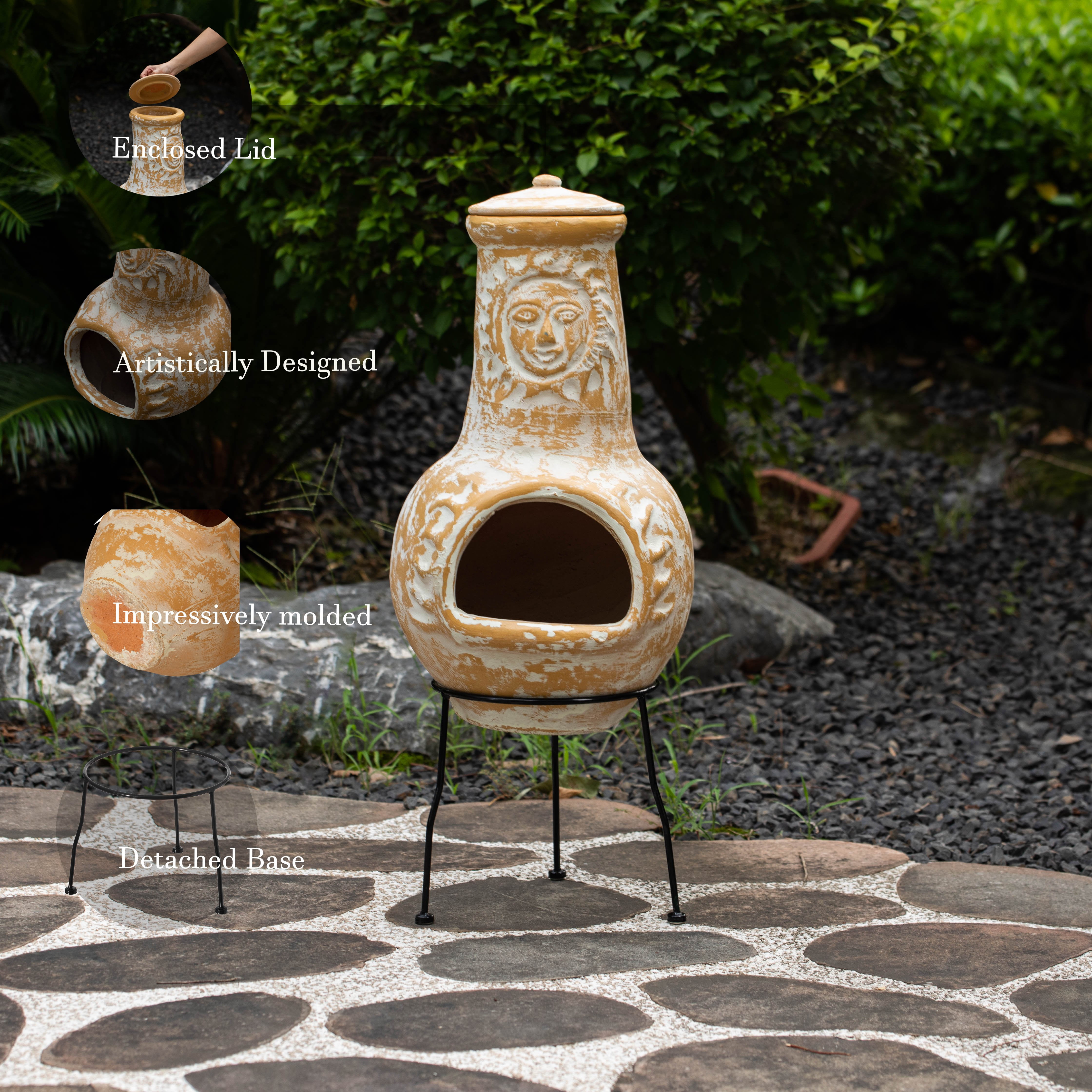 Vintiquewise QI004631.G Outdoor Clay Chiminea Fireplace Sun Design Wood Burning Fire Pit with Sturdy Metal Stand, Barbecue, Cocktail Party, Cozy Nights Fire Pit, Stone Gray