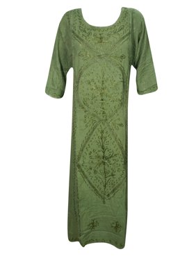 Mogul Womens Shift Tunic Maxi Dress Enzyme Wash Rayon Comfy Embroidered Free Spirit Sundress