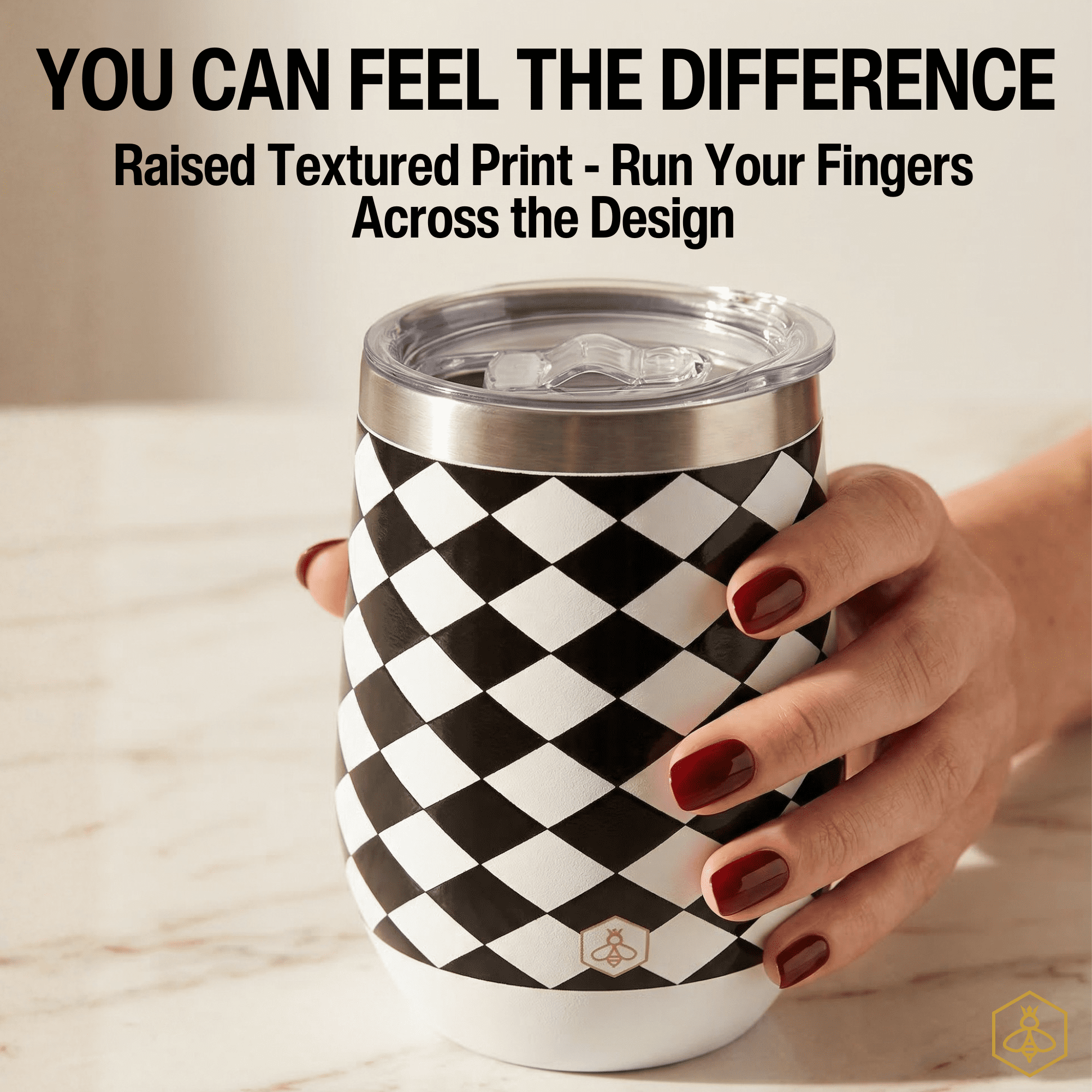 Biddlebee 12oz Stainless Steel Insulated Wine Tumbler, Black & White Check