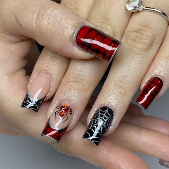 Reusable ABS Coffin Nails with Silver Web Design - Halloween French Tip Press On