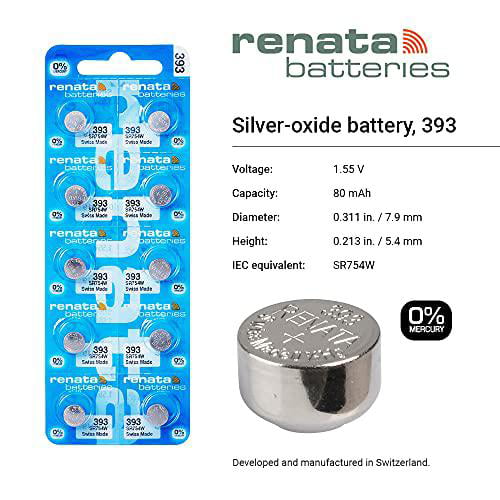10 x Renata 393 Pila Batteria Orologio Mercury Free Silver Oxide SR754W 1.55V 
