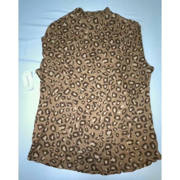 Charter Club Cotton Animal Print Mock Neck Top Salty Nut Combo L