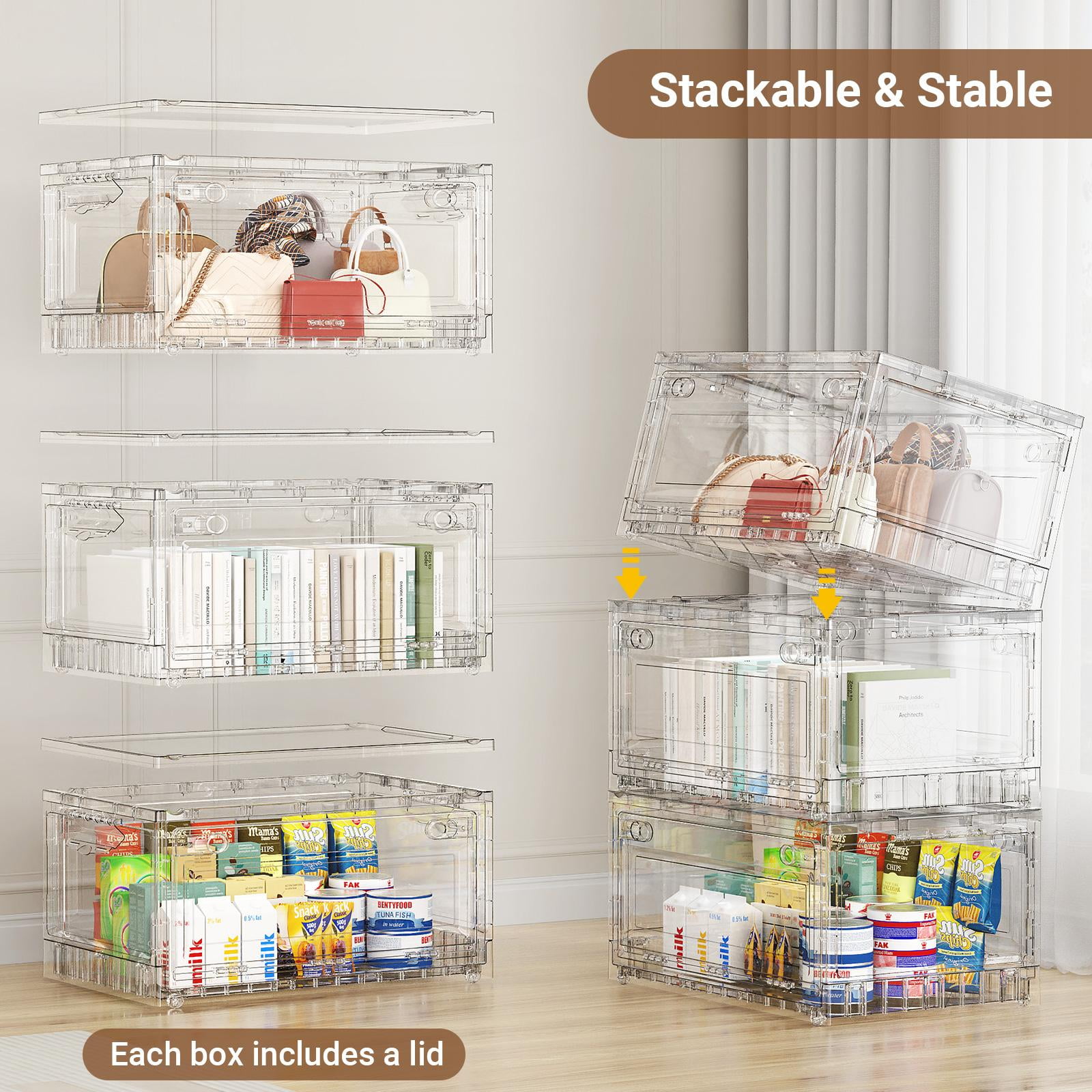 BROVIEW Full Clear Storage Bins Large 320Qt, Shiny Plastic Display Box, for Home Crafts Makeup, Stackable & Foldable, Individual Lids & Wheels, 4Pack