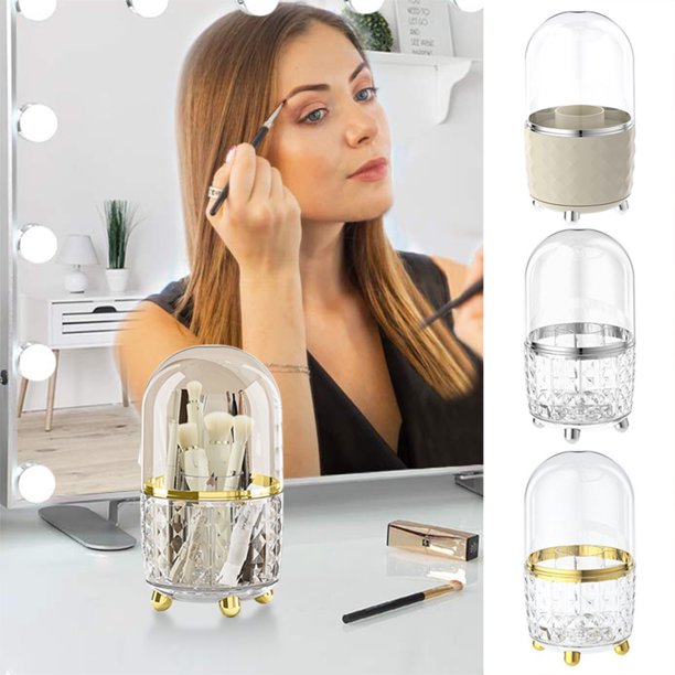 Caja de almacenamiento de brochas de maquillaje giratorias con tapa | Organizador de 360° de gran capacidad | Portalápices de plástico a prueba de polvo | Diseño cilíndrico | Multiusos para tocador