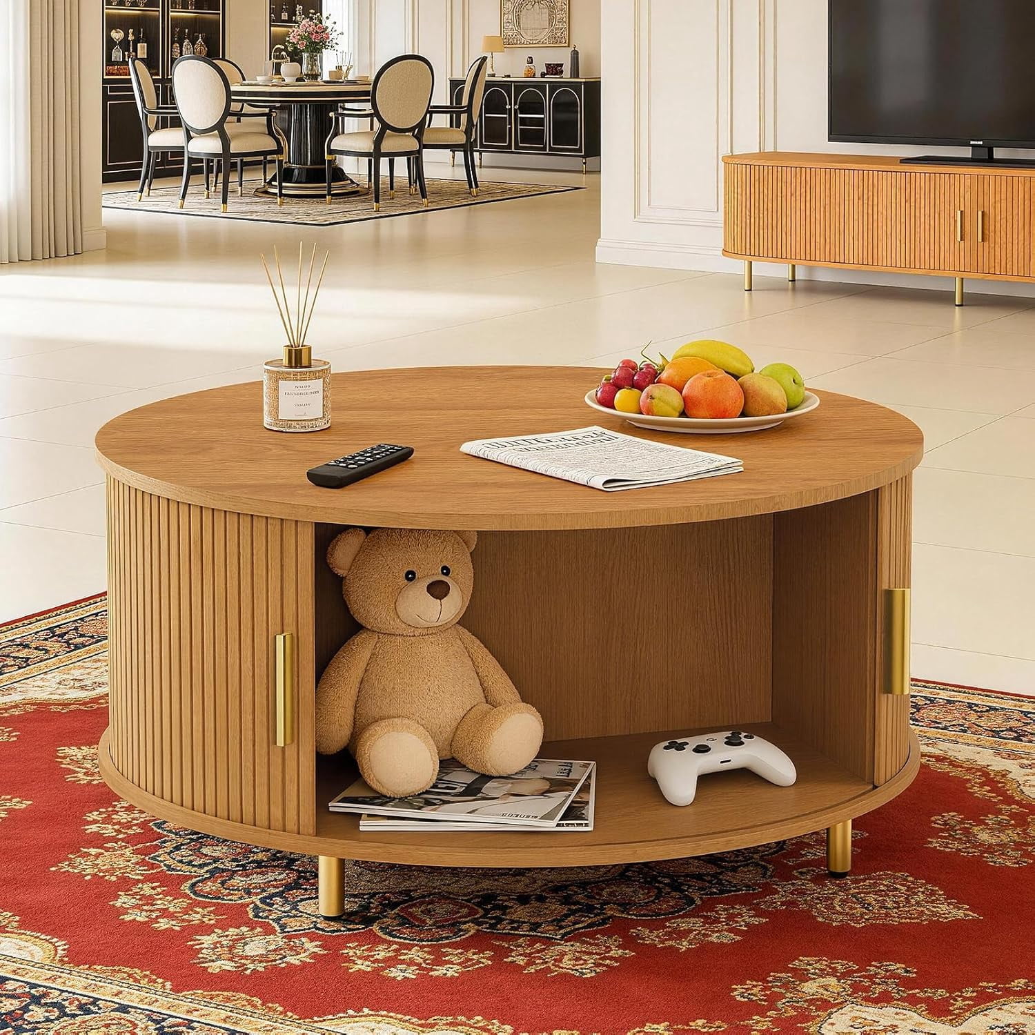 31.5-Inch Round Mid-Century Modern Coffee Table with 360° Sliding Tambour Door, Fluted Design, Storage, Adjustable Footpads, Yellow Walnut