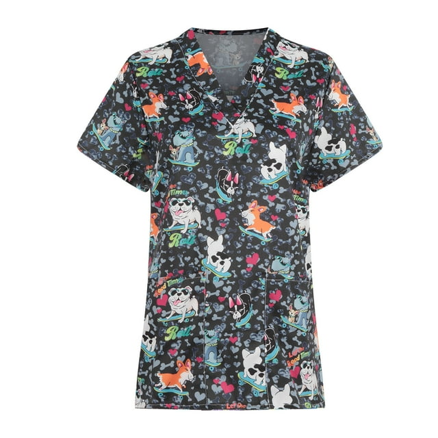 Blouse d'Été Grande Taille à Manches Courtes pour Femmes Mode Femmes Imprimée Manches Courtes Col en V Hauts Uniforme de Travail Infirmier avec Poche T-Shirt Col en V Femmes en Solde