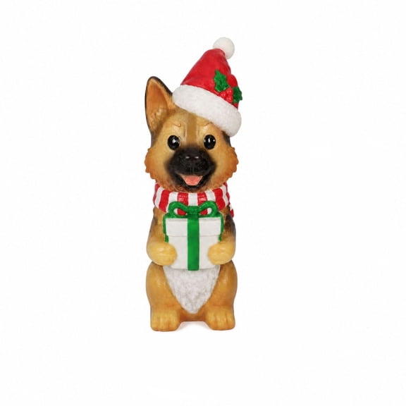 German Shepherd Christmas Figurine with Santa Hat and Gift Box, Multicolor