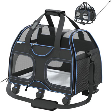 Katziela Luxury Rider Pet Carrier with Removable Wheels and Telescopic Handle (Black/Blue)