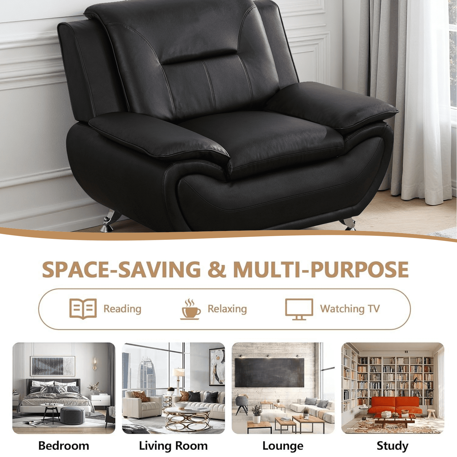 Caberryne Leather Couch Set,Modern Sofa for Living Room Furniture Sets,46" Modern Chair for Living Room/Office/Bedroom/Apartment(Black)