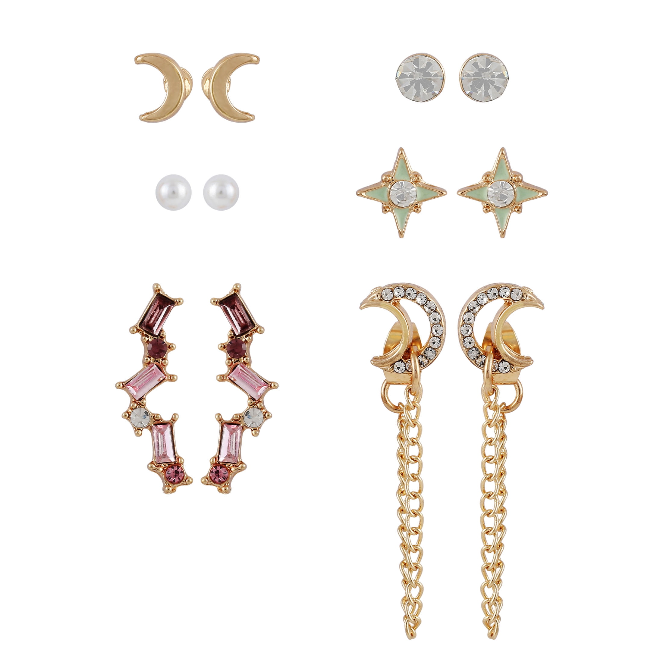 Time and Tru Women's Celestial Theme 6 on Post Earring Set in Imitation Gold Plating.