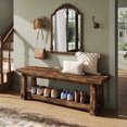 thumbnail image 4 of Finmind 55" Solid Wood Entryway Bench with Shoe Storage, Rustic Charred Wood Grain Foyer Bench with Open Shelf for Hallway, Brown, 4 of 9