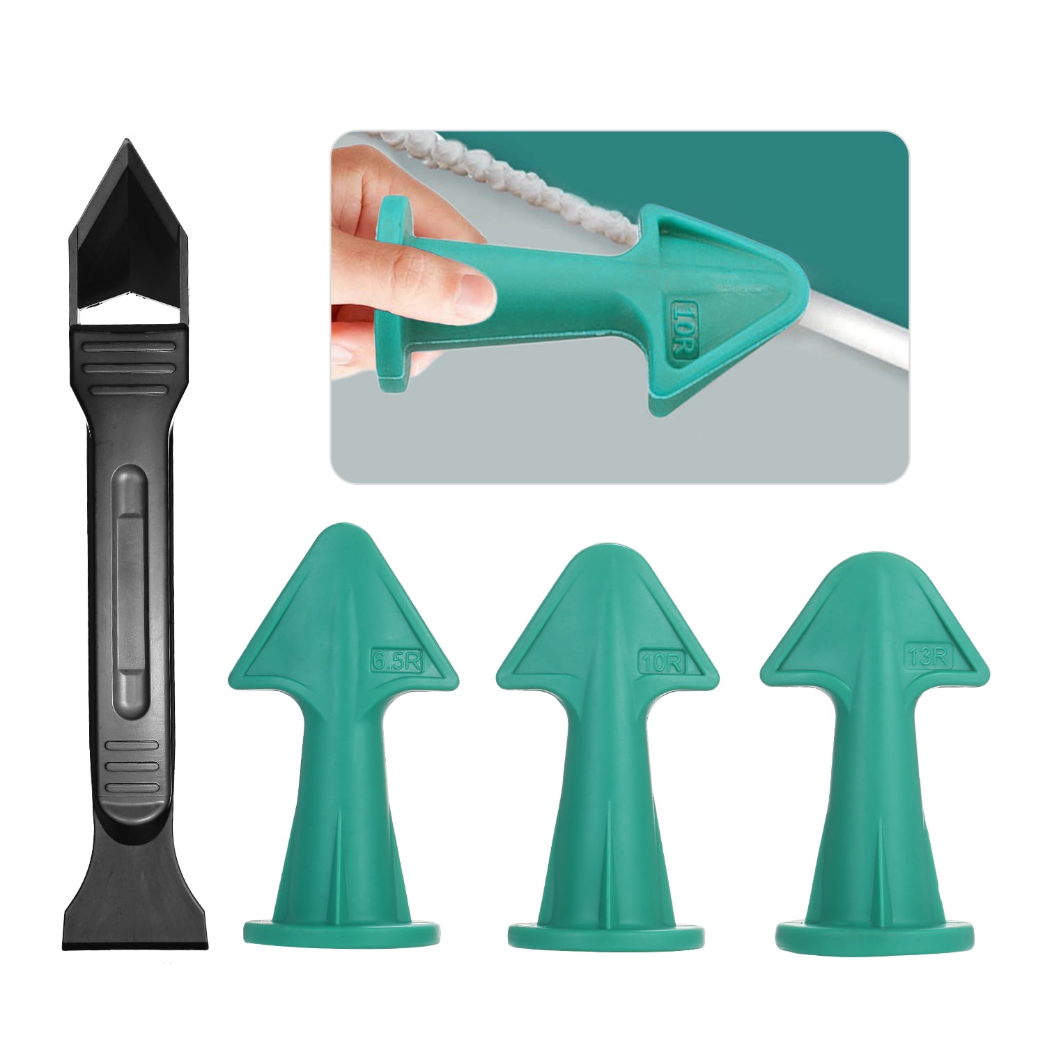 6.5R, 10R, 13R Silicone Caulking Finisher Tools Rubber Sealant Nozzle Plus Scrapers 3 Pieces 