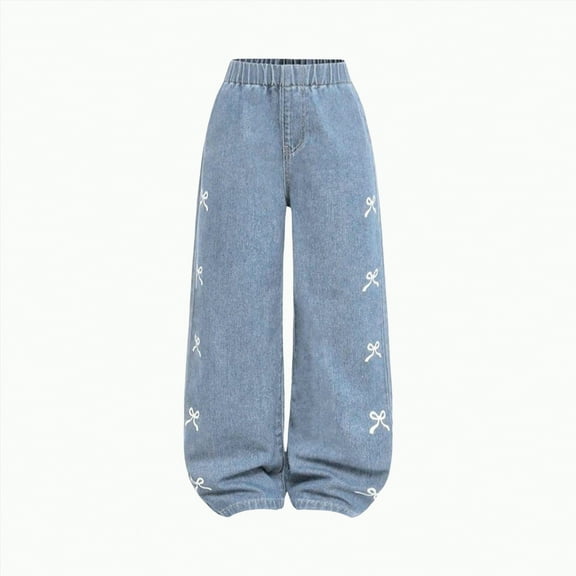 TOWED22 Kids Girls Ripped Distressed Washed Baggy Wide Leg Casual Jeans(Light Blue,7-8 Y)