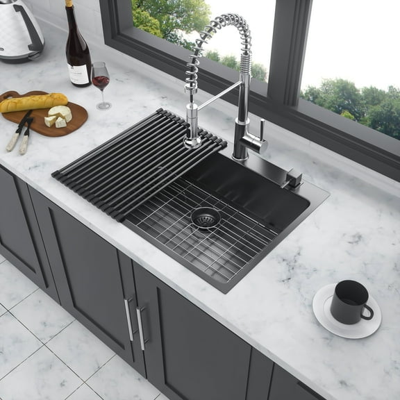 33 x 22 x 10 inch Kitchen Sink Drop In Gunmetal Black 16 Gauge Stainless Steel 33" Single Bowl Topmount Kitchen Sink Basin