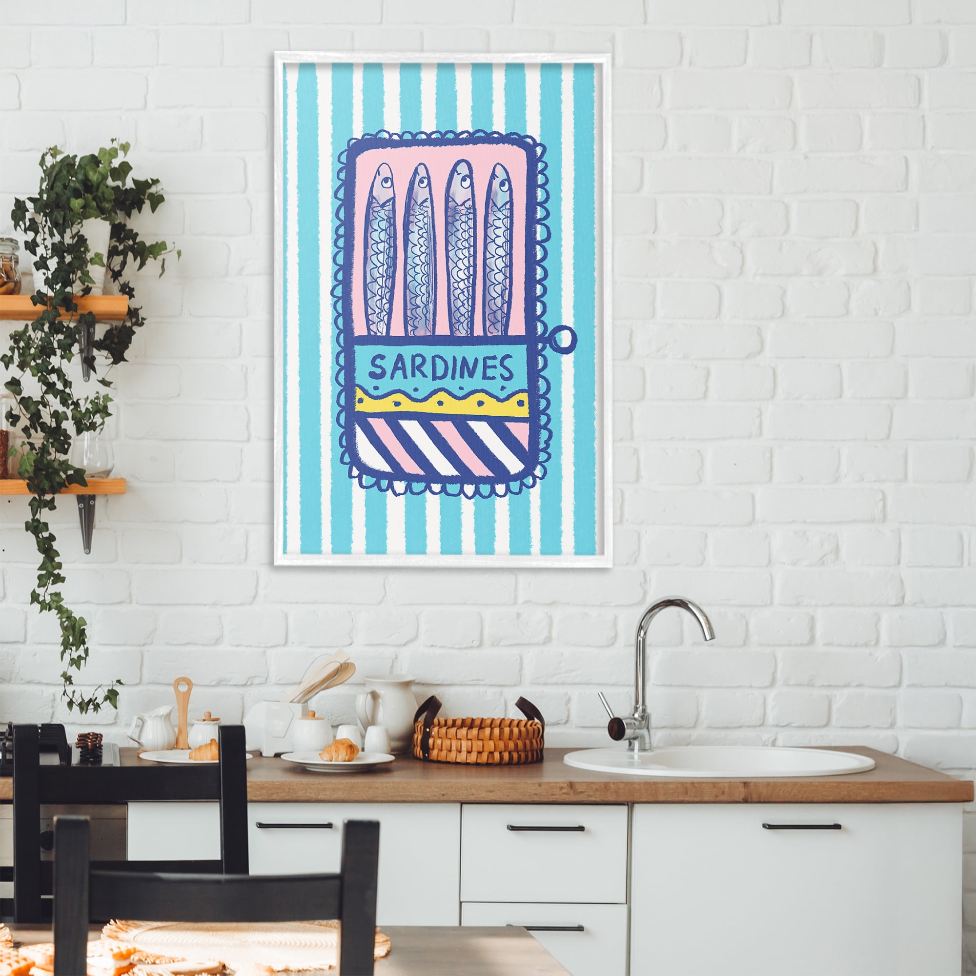 Stupell Industries Pastel & Stripes Sardines White Framed Giclee Art, design by Florentina Dolci
