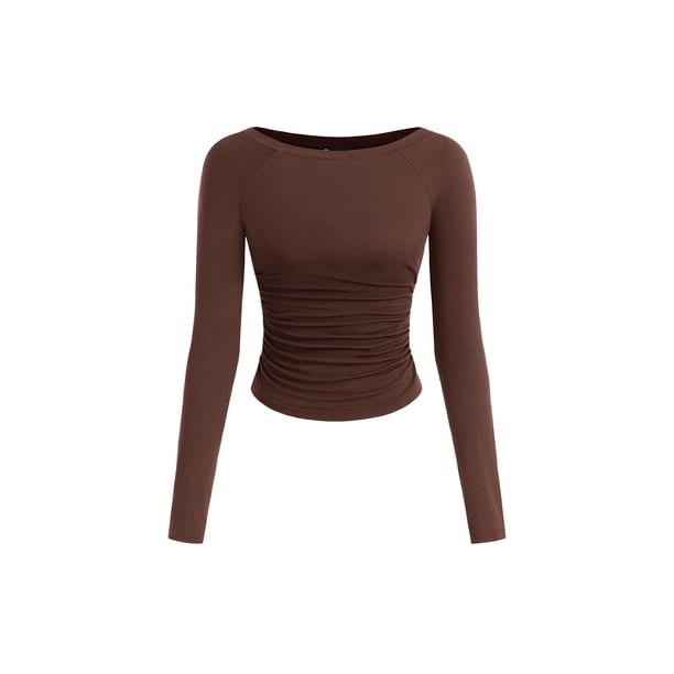 Remera PRETTYGARDEN Marrón Otoño 2025 Crop Top Fruncido XS
