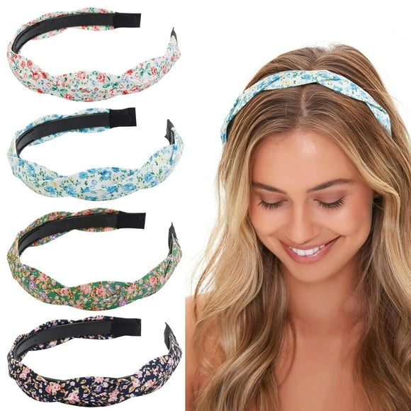 4 Pieces Headbands for Women Girls Floral Braided Headband Non Slip Hairbands for Women's Hair Fashion Fabric Head Band Solid Colors Hair Accessories