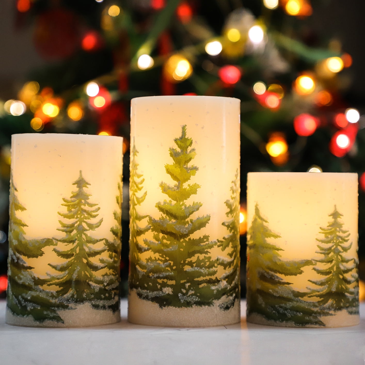 Meltone Christmas Tree LED Flameless Candles Battery Operated, Set of 3 Holiday LED Pillars with Remote