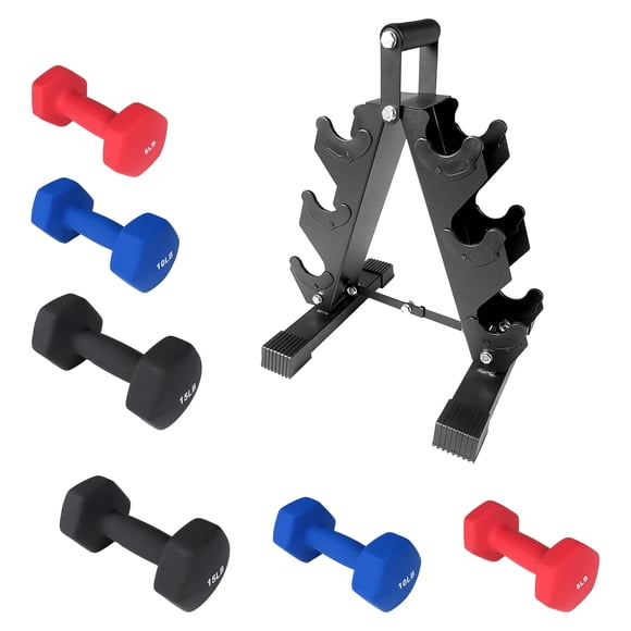 Neoprene Dumbbell Set – 5/10/15 lb Pairs – PVC Coated – Lightweight – Collapsible Iron Rack – Women & Kids – Home Strength Training
