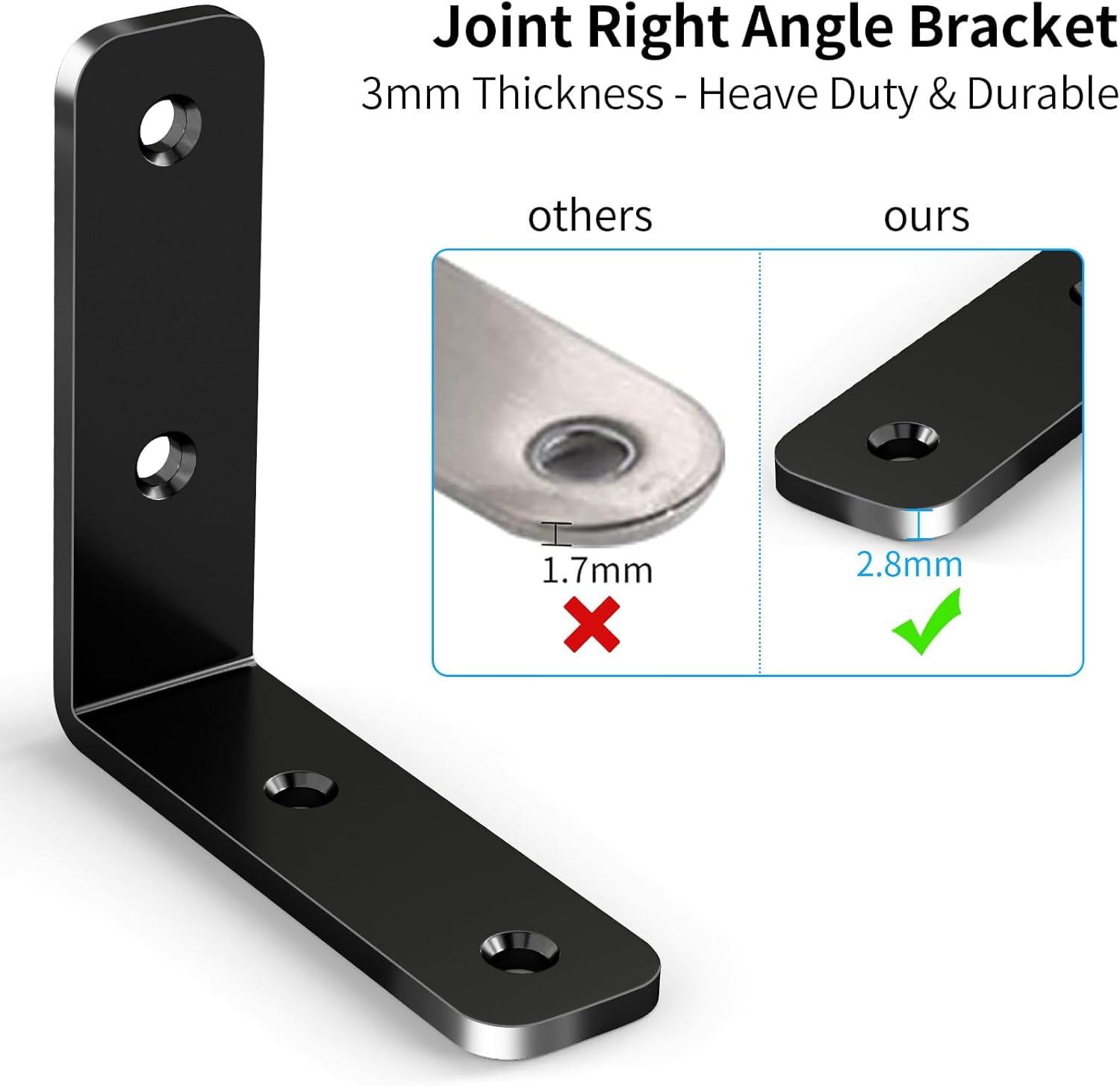 L Bracket Corner Brace, 6Pcs 65x65mm Joint Right Angle Brackets Heavy Duty Stainless Steel 90 Degree Bracket Fastener for Wood Shelves Chair Tables Dressers Furniture with Screws, Black