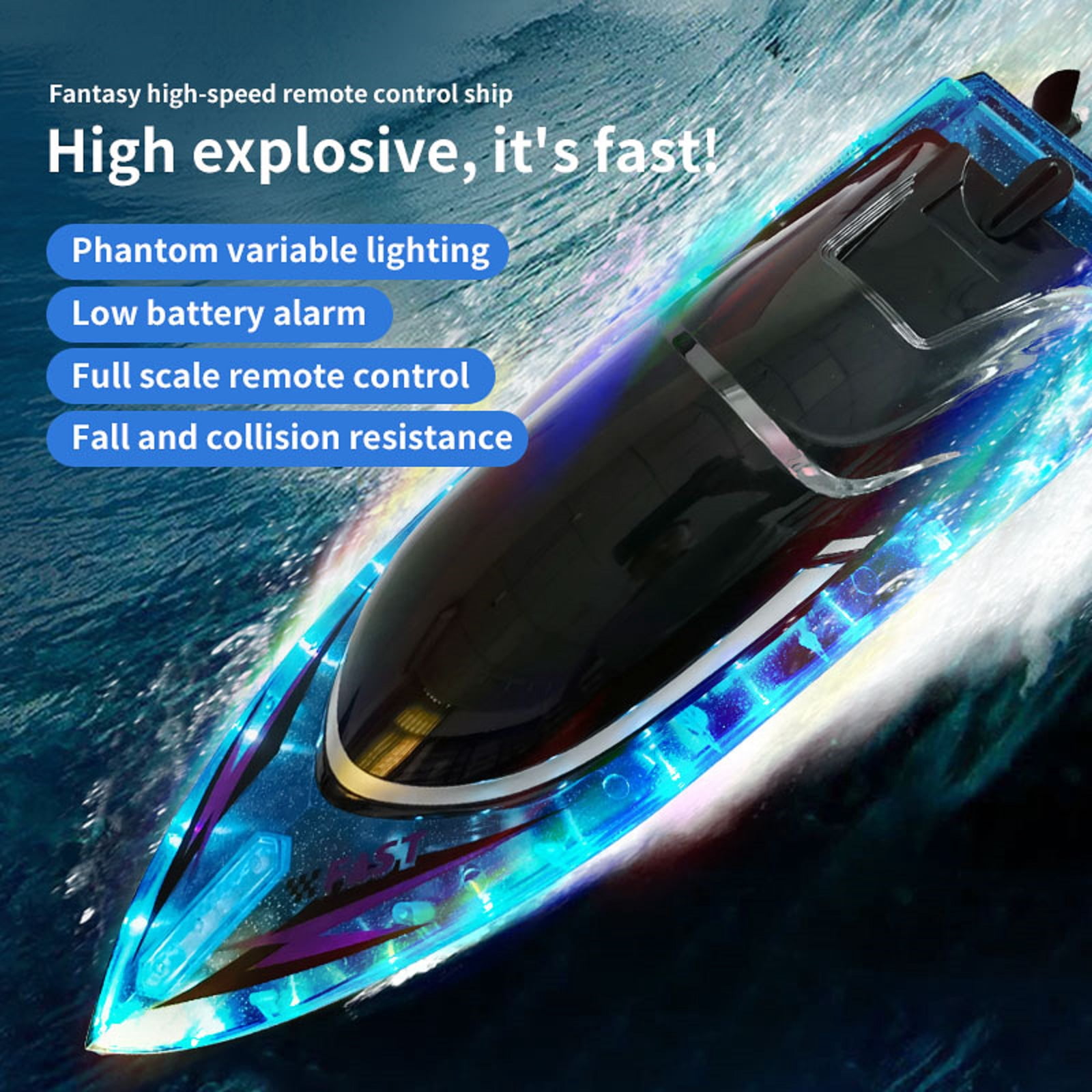 S15 Fast RC Boat with LED Lights, 30+KM/H, High Speed Remote Control Racing Boat, Self-Righting, 2 Batteries, 30+ Mins, 2.4GHz Pool & Lake Toys for Kids & Adults