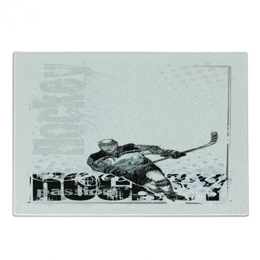 Hockey Cutting Board, Professional Goaltender in Sketch Art Style on a Grunge Sports Background with Dots, Decorative Tempered Glass Cutting and Serving Board, Small Size, Multicolor, by Ambesonne