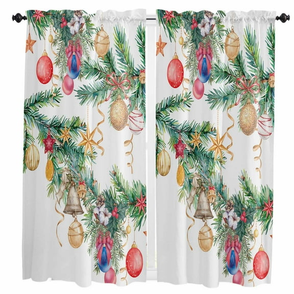 Christmas Kitchen Curtain 2 Panels Curtains 63 Inch Length, Xmas Balls Botanical Pine Needle Curtains Rod Pocket Curtains Window Drapes Treatment Window Cafe Curtains